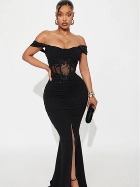 20. Fashion Nova Off Shoulder Mesh Evening Gown Black